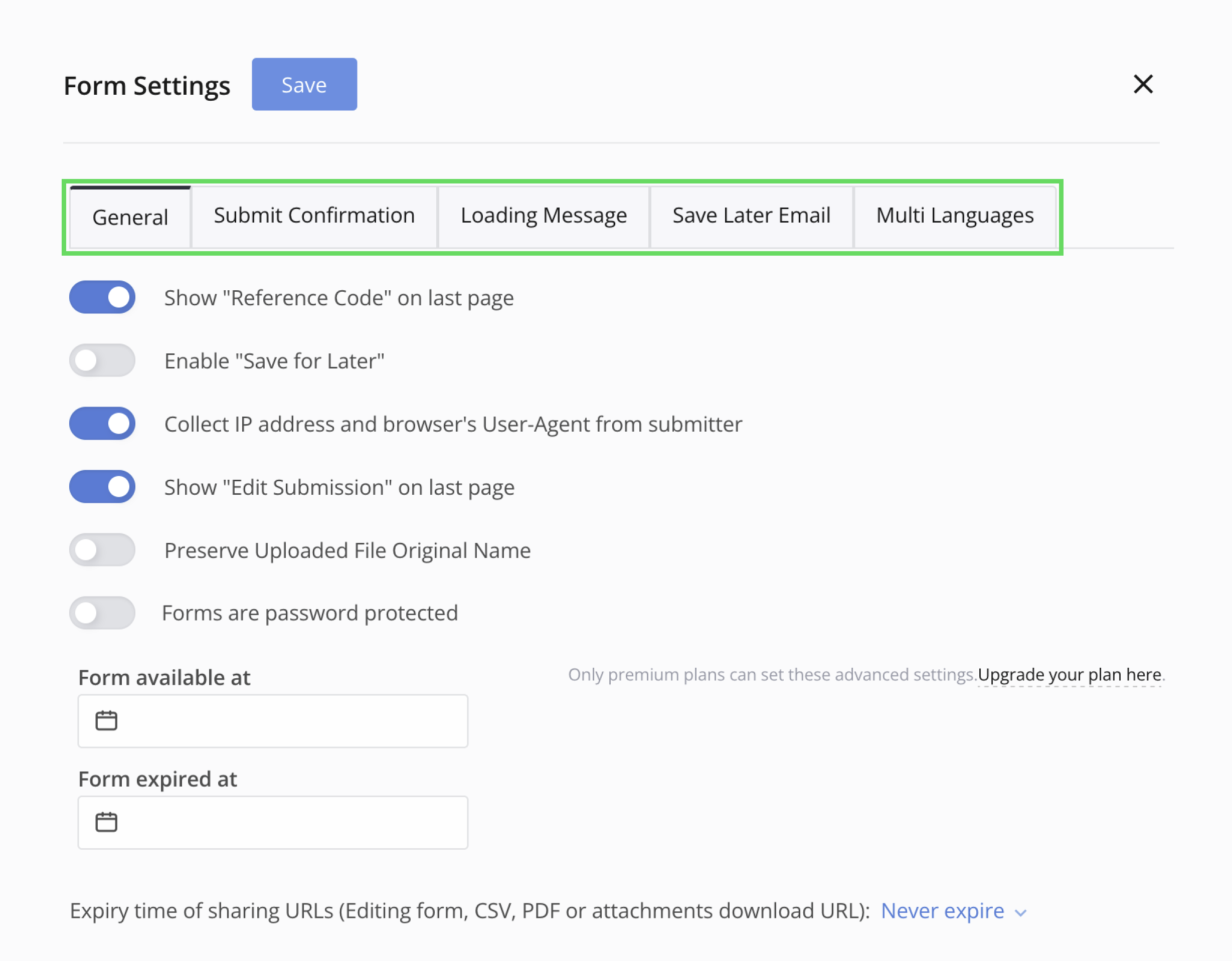 Form settings window