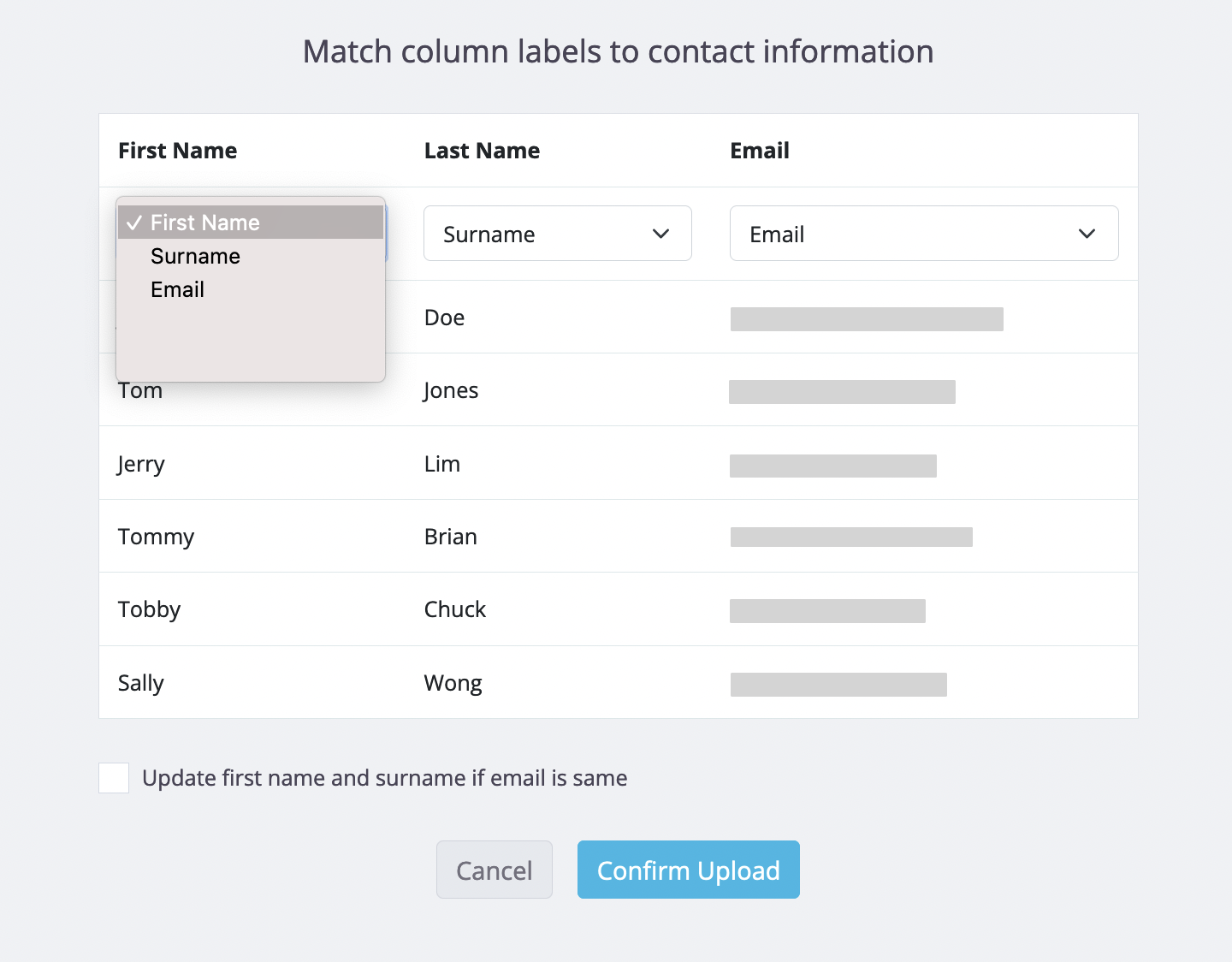 Match column labels