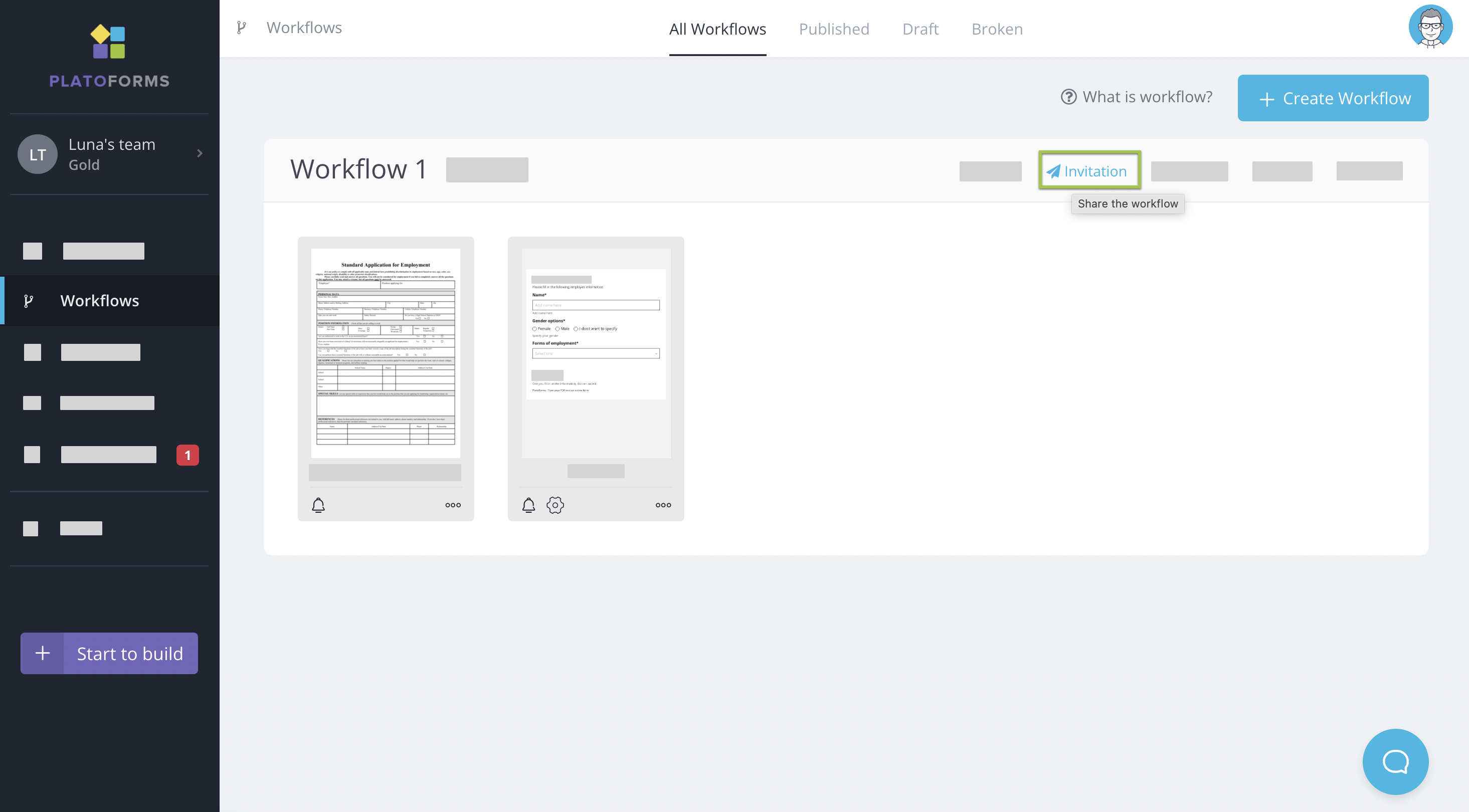 Invitation button on workflows