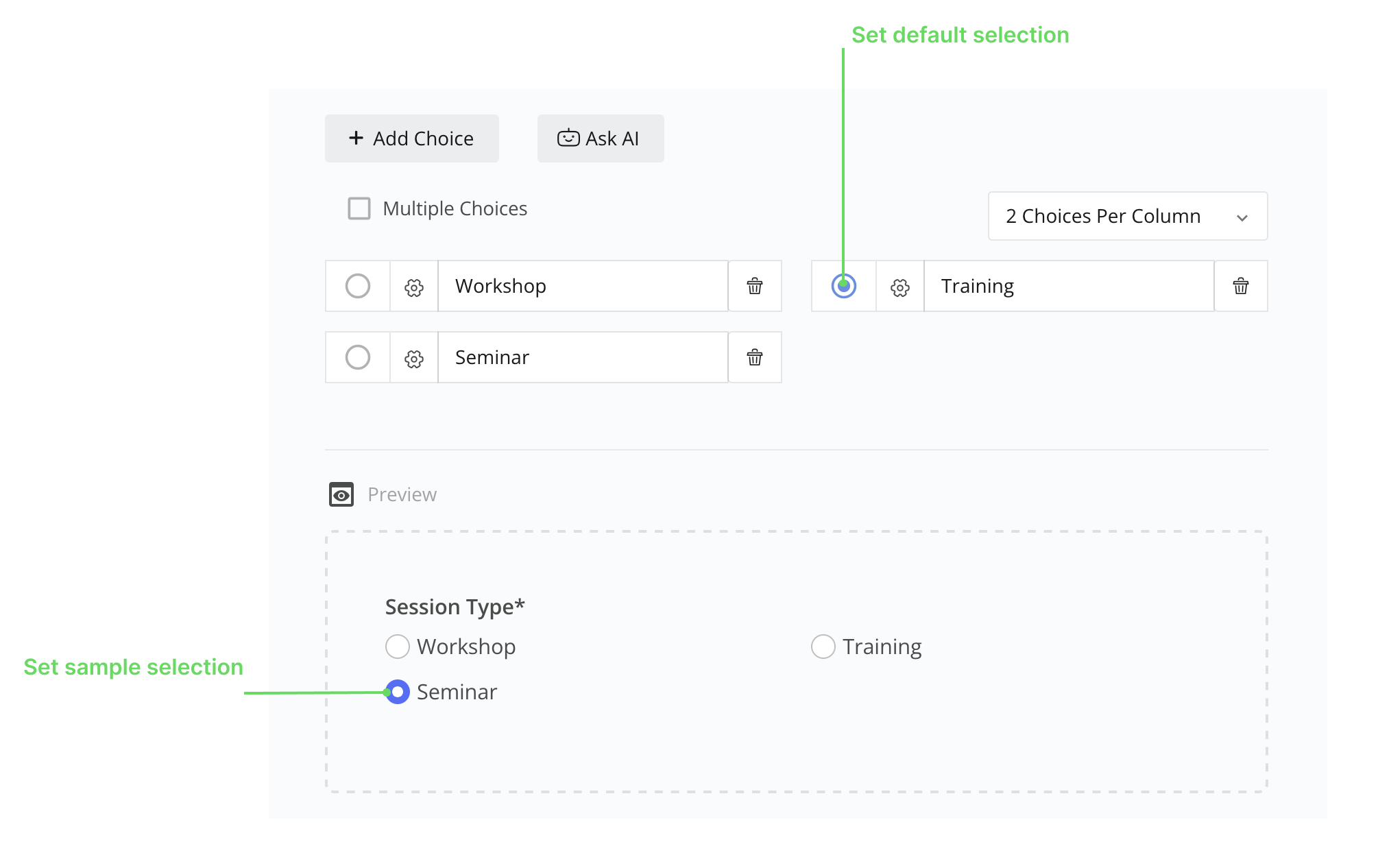 Sample and default selection