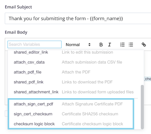 signature certificate variables